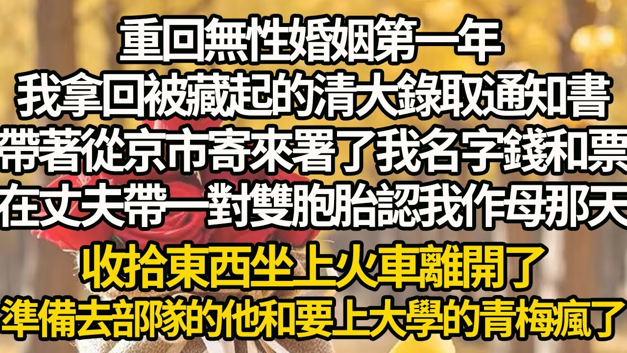 【完結】重回無性婚姻第一年，我拿回被藏起的清大錄取通知書，帶著從京市寄來署了我名字錢和票，在丈夫帶一對雙胞胎認我作母那天，收拾東西坐上火車離開了，準備去部隊的他和要上大學的青梅瘋了