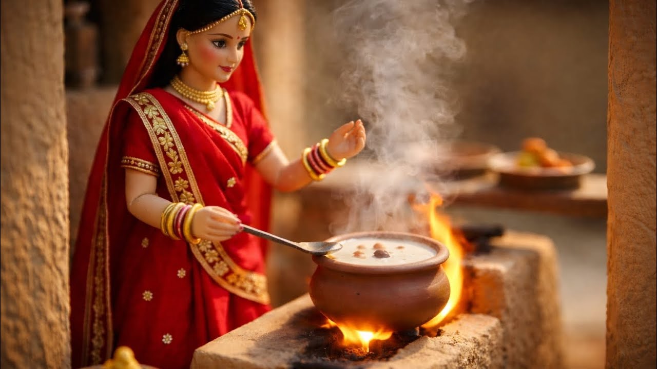 Village Woman Doll Pehli Rasoi Mini ASMR Cooking | Mud Stove | Relaxing Sounds