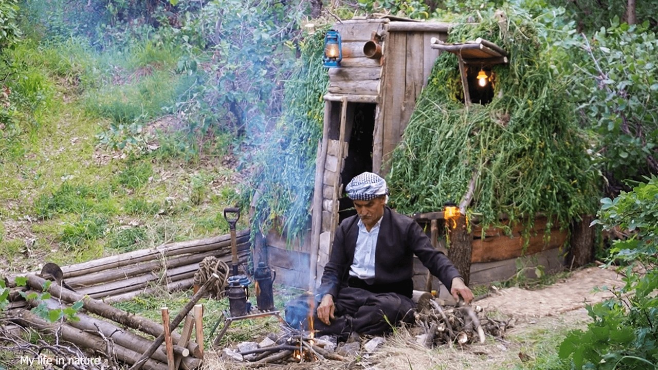 Build a shelter on the hill, play with your pet dog, cook a meal, spend the night alone