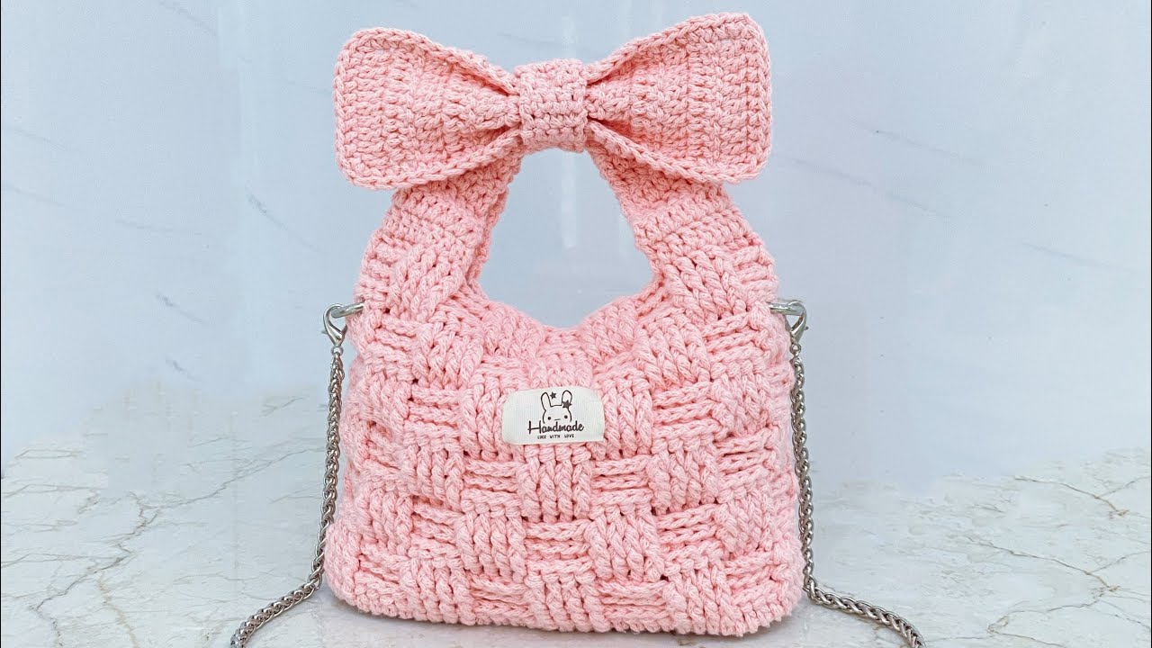 Móc Len Túi Xách Tay Hoạ Tiết Caro Phối Nơ Xinh ( Sâu Len Crochet 🐛)