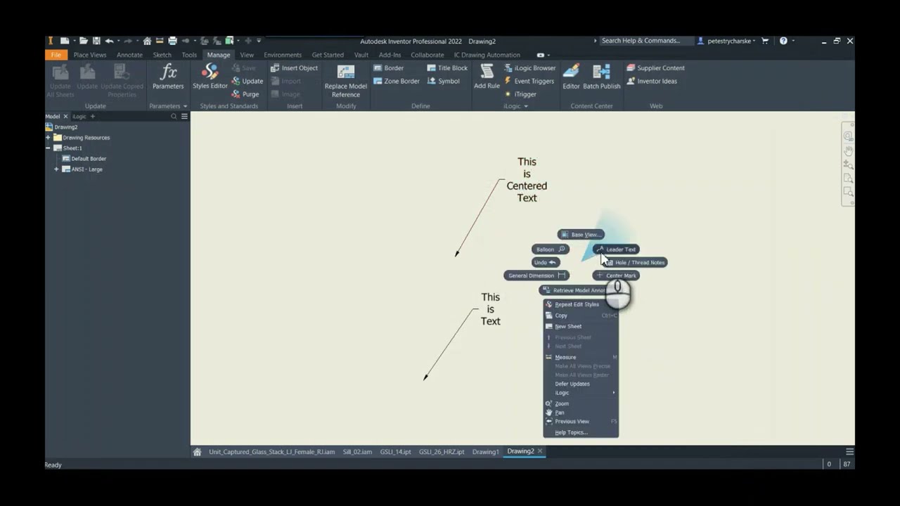 Inventor - Default Center Justified Leader Text in Drawings