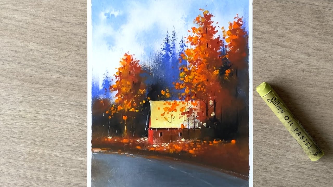 How to draw autumn season scenery | oil pastel painting