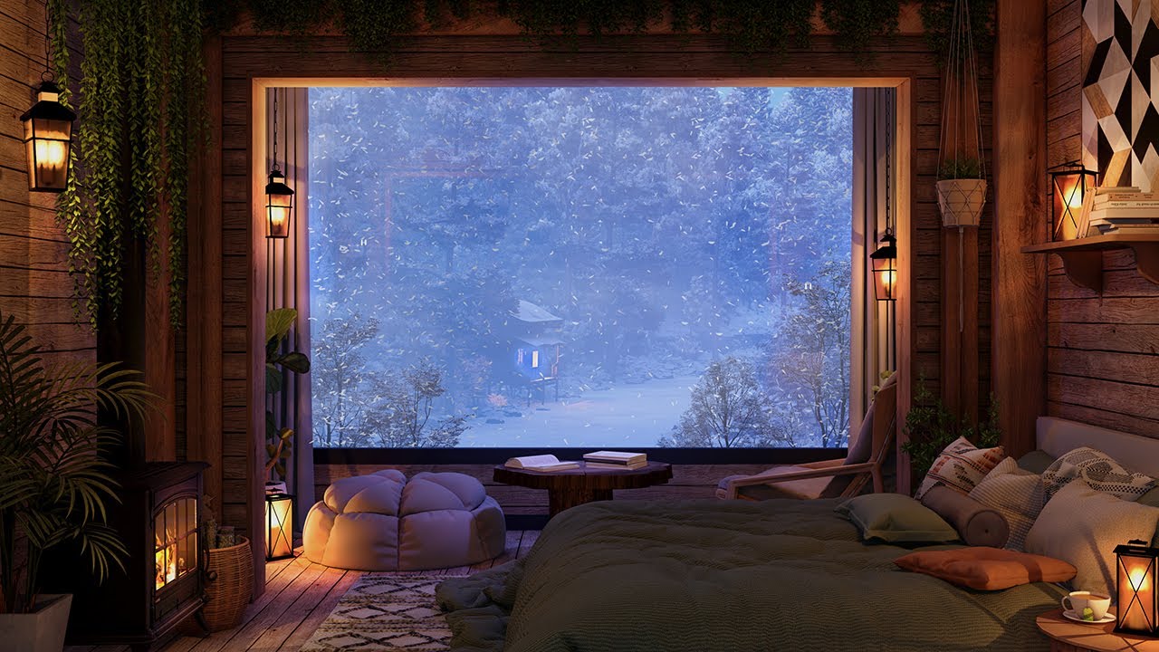 Winter Blizzard Ambience with Fire Sounds | Cozy Winter Night Ambience for Deep Sleep & Relaxation