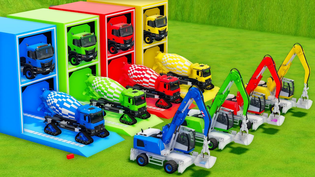 Garage with Colors - ALL MIXER TRUCK WITH DOUBLE FLATBED TRAILER TRUCK, IVECO, MERCEDES, LIEBHERR