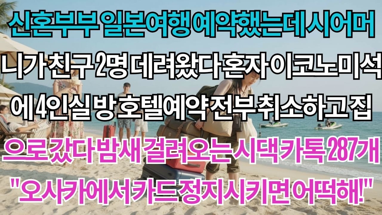 신혼부부 일본여행 예약했는데 시어머니가 친구 2명 데려왔다.혼자 이코노미석에 시어머니친구들은 내 비즈니스석.호텔예약 취소하고 귀국했더니 시댁 카톡 287개