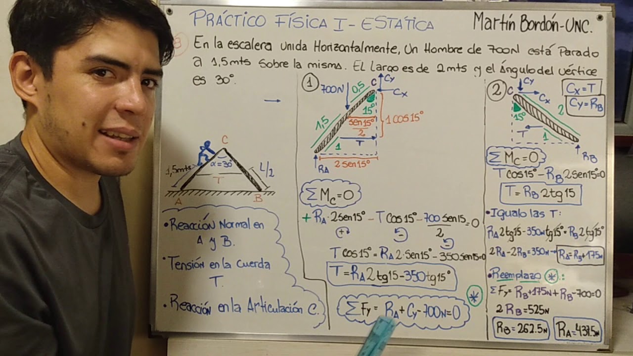 TinTutor - Estática. ESCALERA. Momento Fuerza. Reacciones en apoyos y Articulación.