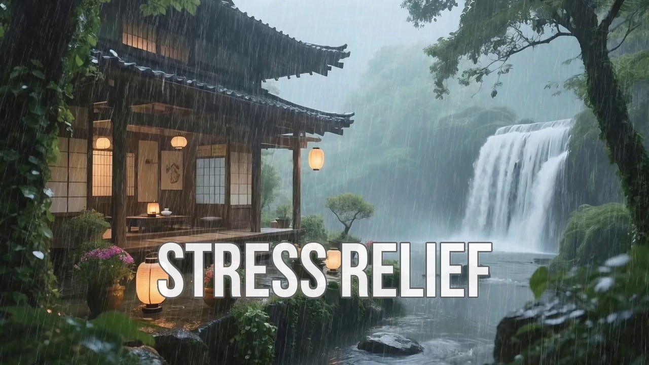 12 Hours Deeply Soothing Waterfall Rain at Floral Garden Hut to Release Stress and Anxiety 🌸