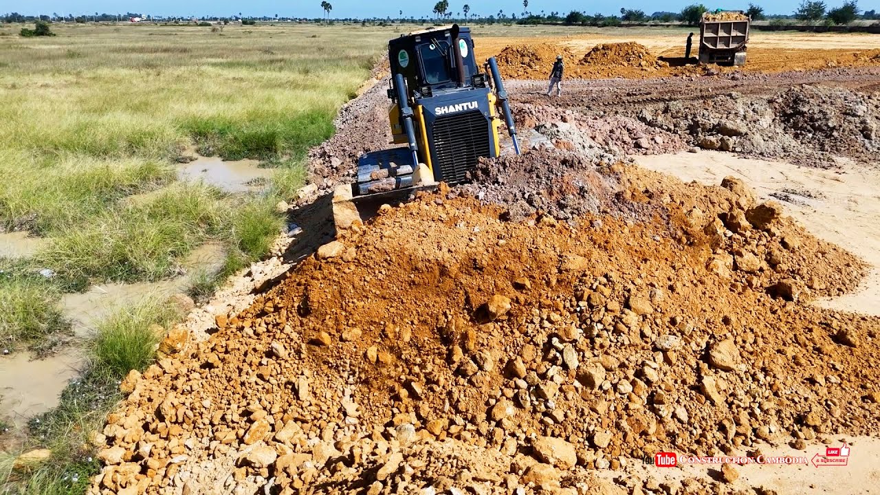 Experience Huge Land Filling Leveling Complete! Operating Skill Dozer Pushing Soil,25ton Dump Trucks