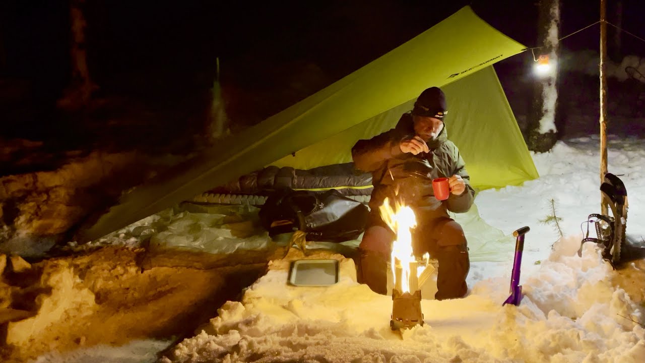 Solo wild camping in winter with tarp. ASMR