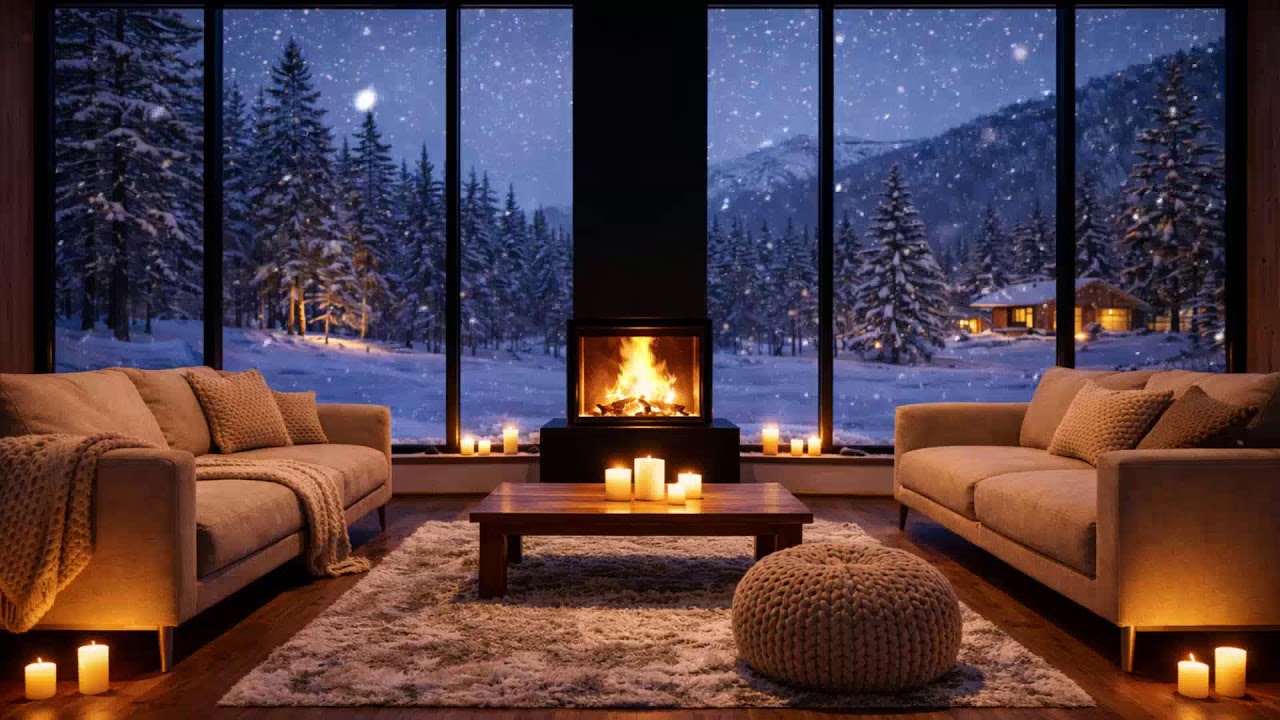 LIVE Winter Cabin Night  Cozy Fireplace, Falling Snow & Calm Sleep Sounds