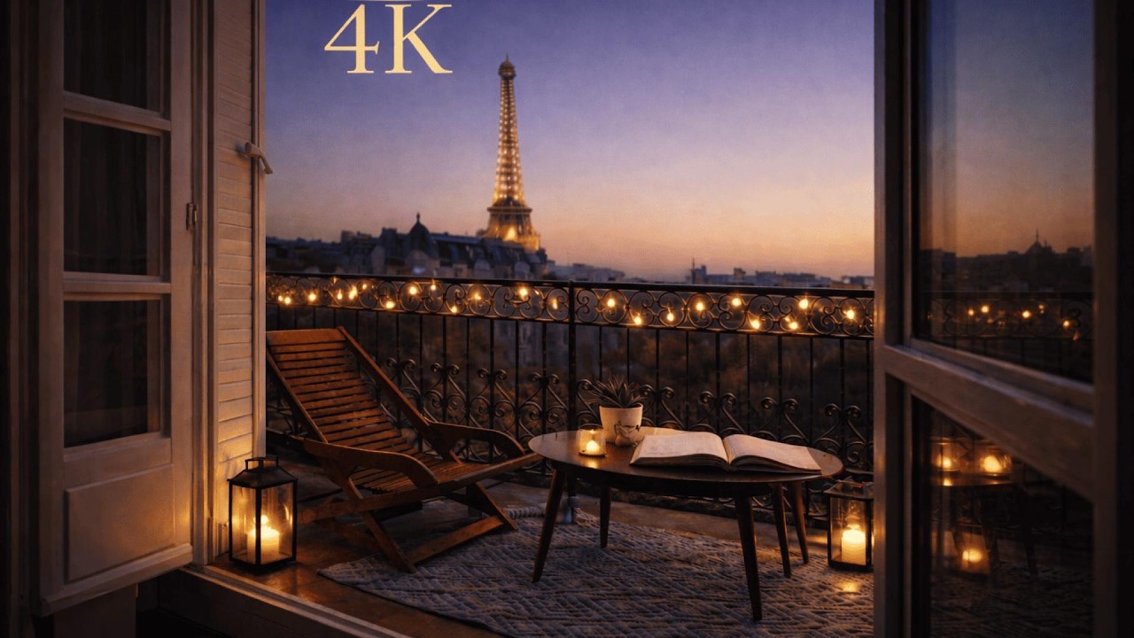Paris Balcony Evening Ambience | Eiffel Tower View at Dusk | Relaxing City Atmosphere 4K
