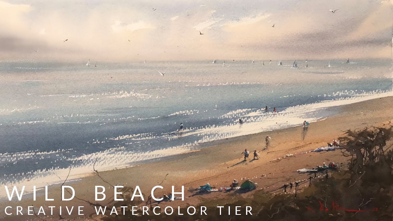 Loose Watercolor Painting Seascape Beach Sky People and Sail Boats