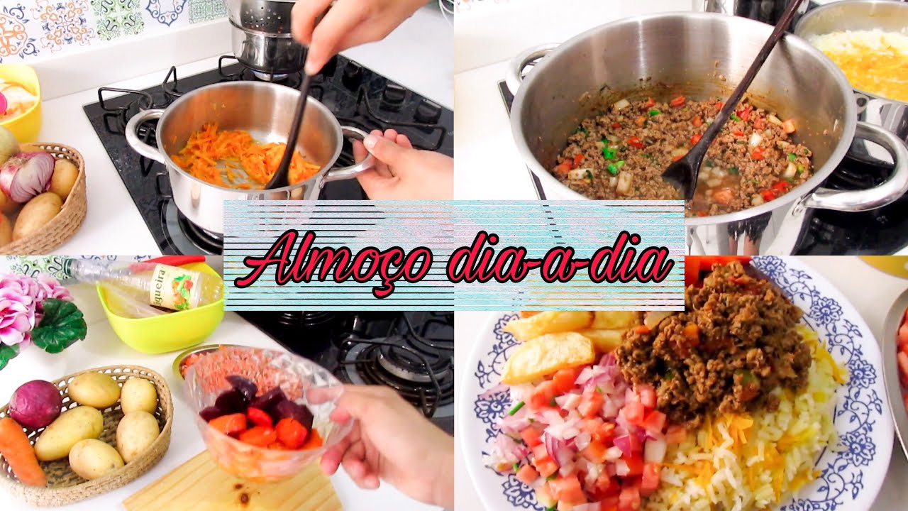 Almoço semanal simples : arroz , carne moída , batata-frita e mais...