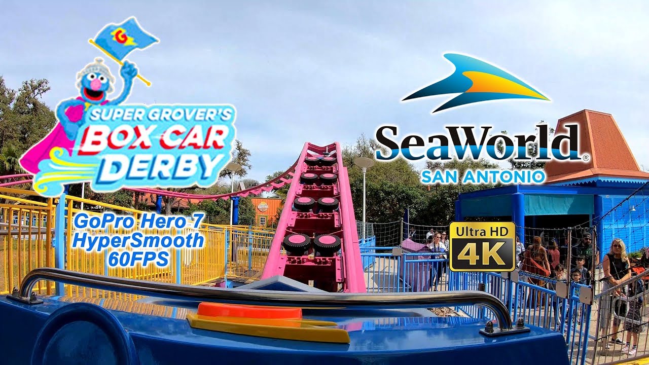 2019 Super Grover's Box Car Derby Roller Coaster SeaWorld San Antonio On Ride Front Seat Ultra HD 4k
