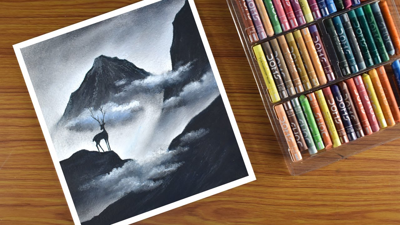 Oil Pastel Landscape Drawing - step by step / Mountain scenery Painting with Oil Pastel