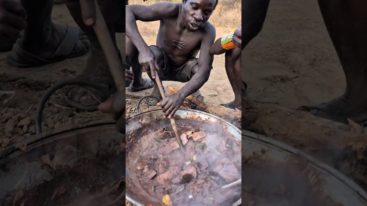 Wow What a delicious Soup today See how Hadza boys enjoying their favorite meal#africa #hadzabetribe