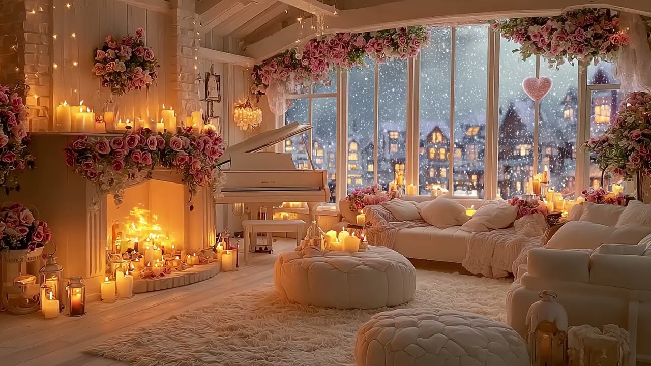 A Rose-Filled Winter Night by the Piano, Crackling Fireplace & Falling Snow ASMR for Deep Sleep