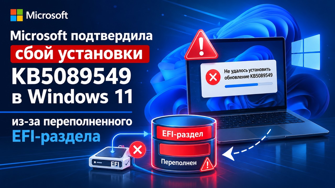 Microsoft подтвердила сбой установки KB5089549 в Windows 11 из за переполненного EFI раздела