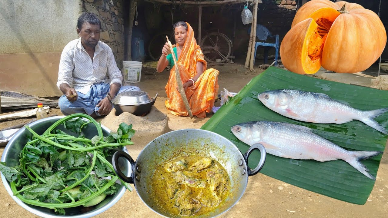 shorshe ilish recipe and kumro pui shak cooking and eating|parents HILSA FISH curry|village style