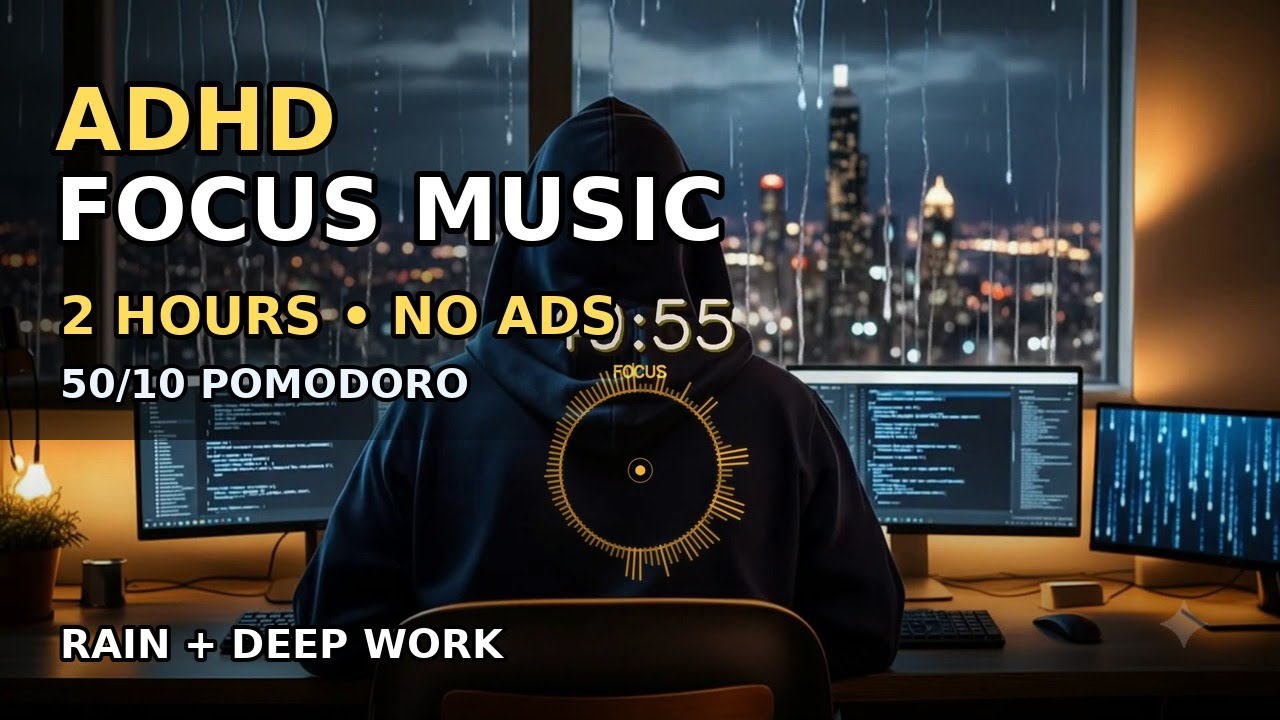 ADHD Focus Music &mdash; 2 Hours Rain Pomodoro 50/10 | No Ads