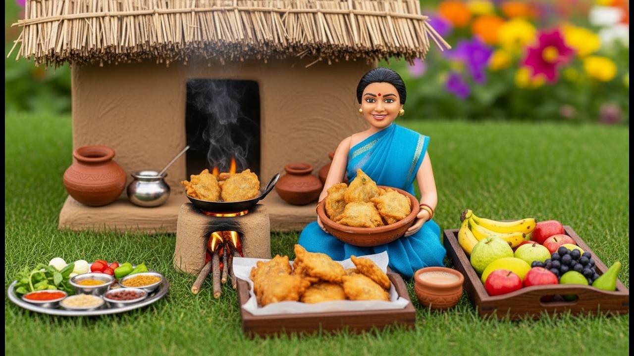 Miniature Doll Crispy Pakora Cooking| Tiny Village Kitchen Cooking & Fresh Fruit Cutting ASMR