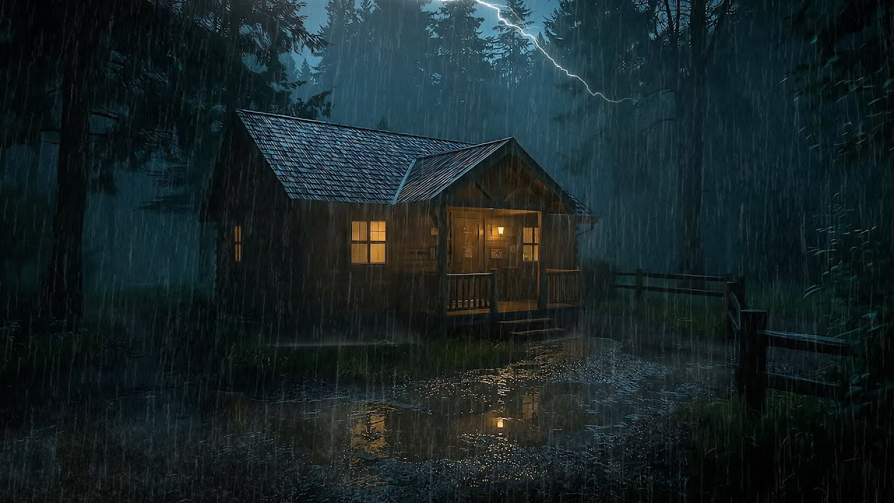 Heavy Rain at Cozy Forest Cabin 🌧️ Thunderstorm Night Ambience for Fast Sleep & Stress Relief