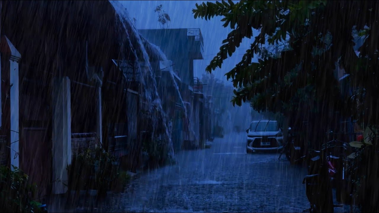Midnight Downpour in Dark Neighborhood for Insomnia Relief | Calm Blue Night Ambience