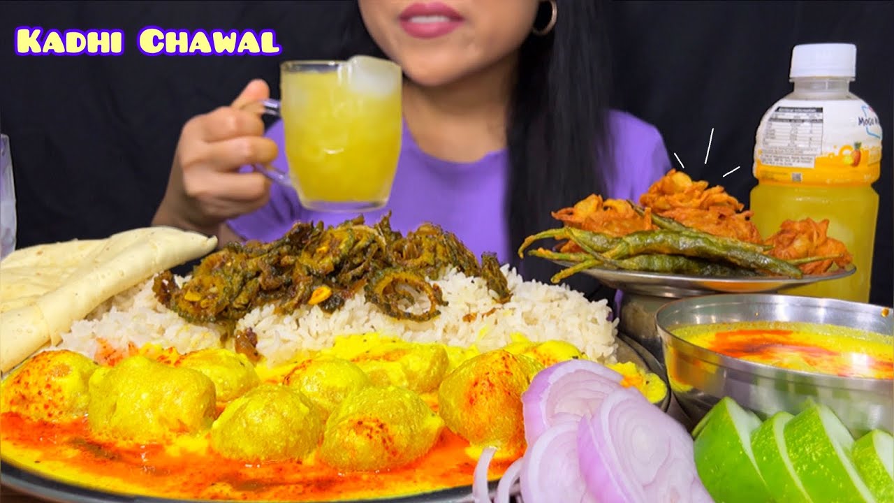 Eating Kadhi Chawal, Karela fry, Pyaz & Mirchi Pakoda | Indian Food | ASMR Eating | Mukbang |