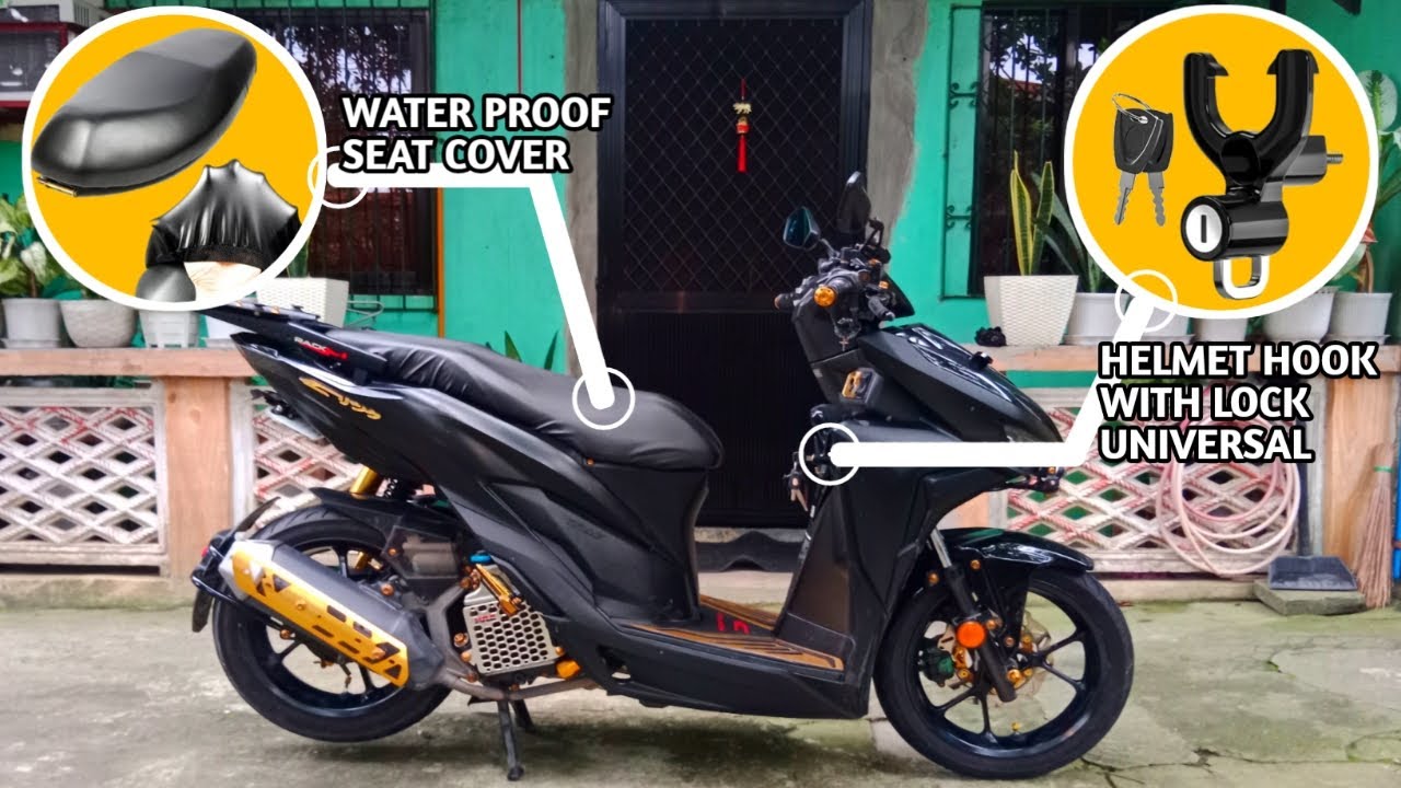 motorcycle UNIVERSAL HELMET HOOK WITH LOCK & WATERPROOF SEAT COVER l honda click 125i v2