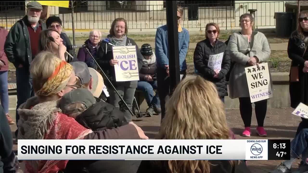 Community members sing in protest of ICE at Jefferson Square Park
