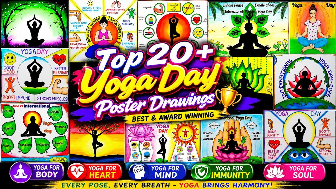 International Yoga Day Poster Drawings//1st Prize winner🏆 drawings//Top 20 Yoga Day Best Drawings🏆🏆