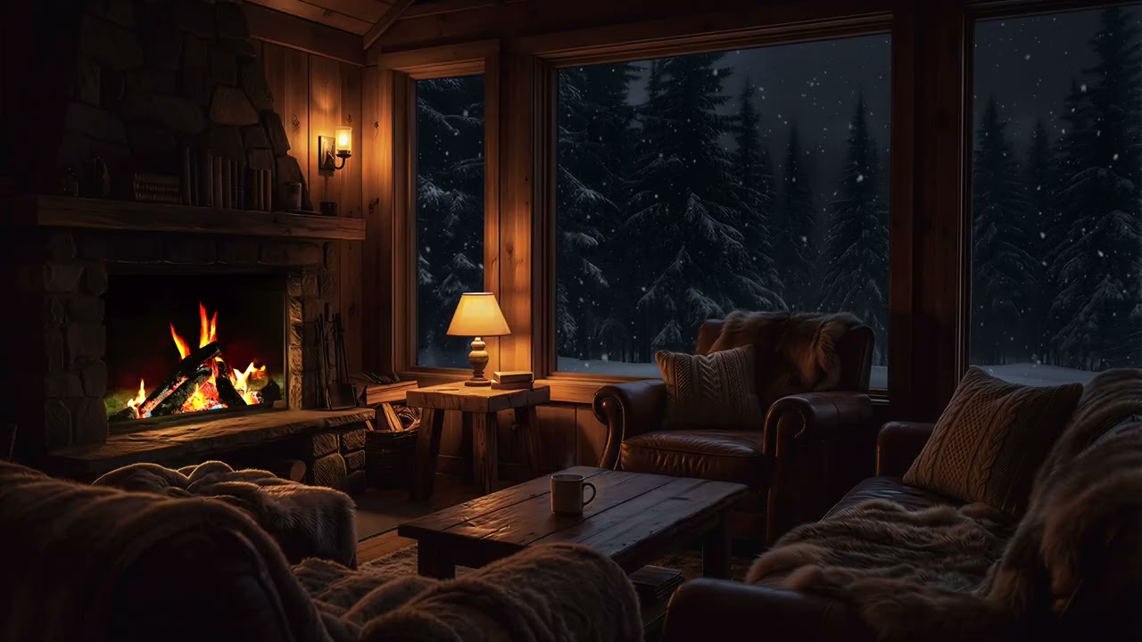 Cozy Cabin in a Snowy Forest at Night – Calm Winter Ambience for Relaxation