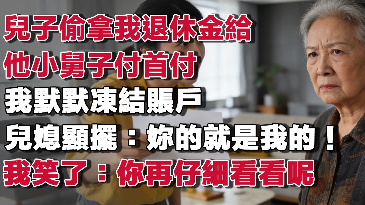 兒子偷拿我退休金給他小舅子付首付 我默默凍結賬戶 兒媳顯擺：妳的就是我的！我笑了：你再仔細看看呢#情感故事 #養老故事 #樂齡故事匯