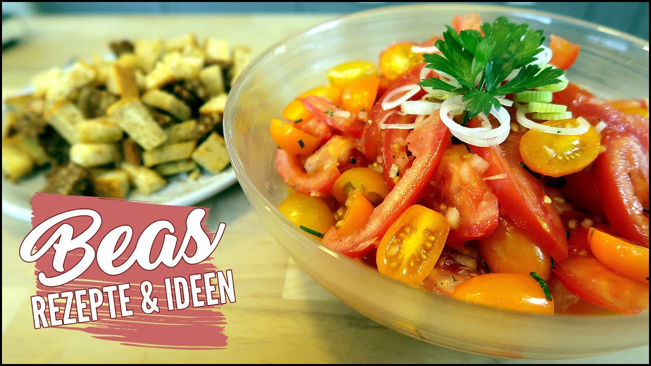 Bunter Tomatensalat mit Essig Öl Dressing und einfachen Croutons | Rezept #BEAner