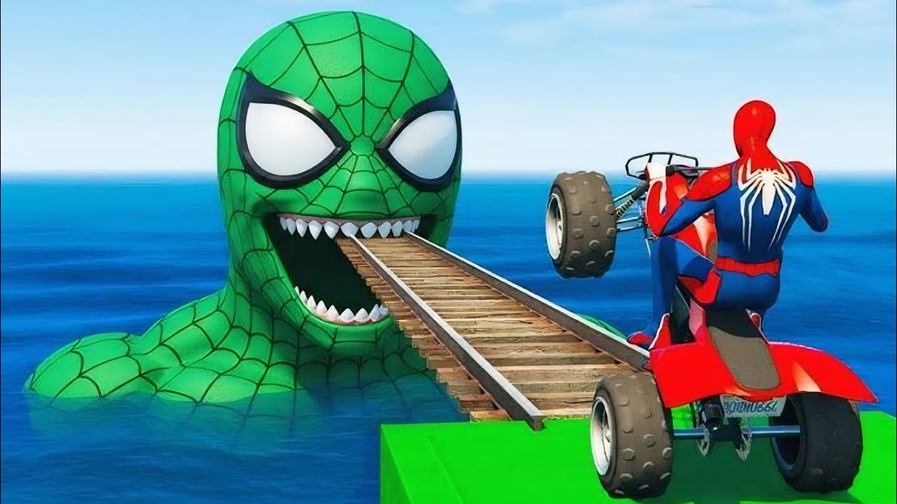 سبايدر مان اصعب دراجة نارية فوق اسماك القرش - Superheroes Ride on Motorcycle Stunt Funny Moments?