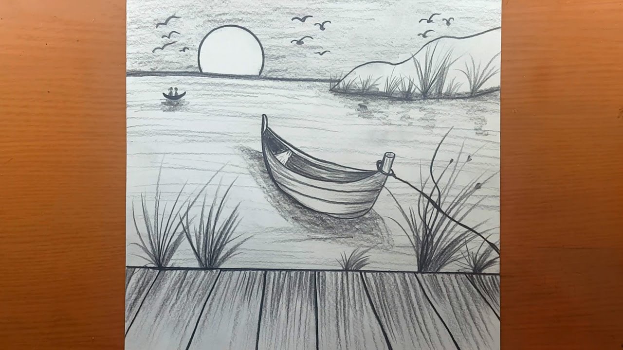 Desenho de paisagem fácil de desenho a lápis - novos desenhos a lápis | desenhar paisagem do rio
