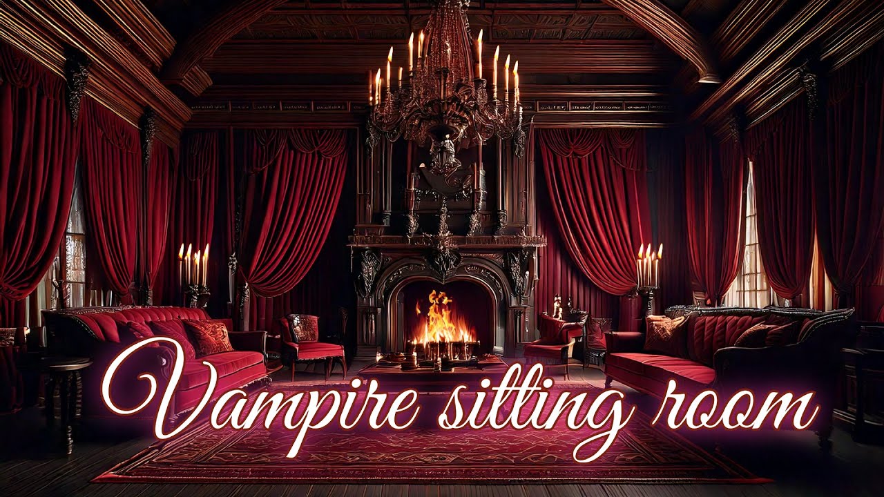Vampire-Inspired Sitting Room | Opulent Red Velvet & Roaring Fire | Gothic Elegance