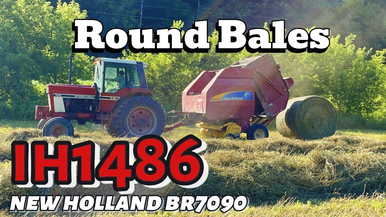 Baling Round Bales with IH 1486 and New Holland BR7090