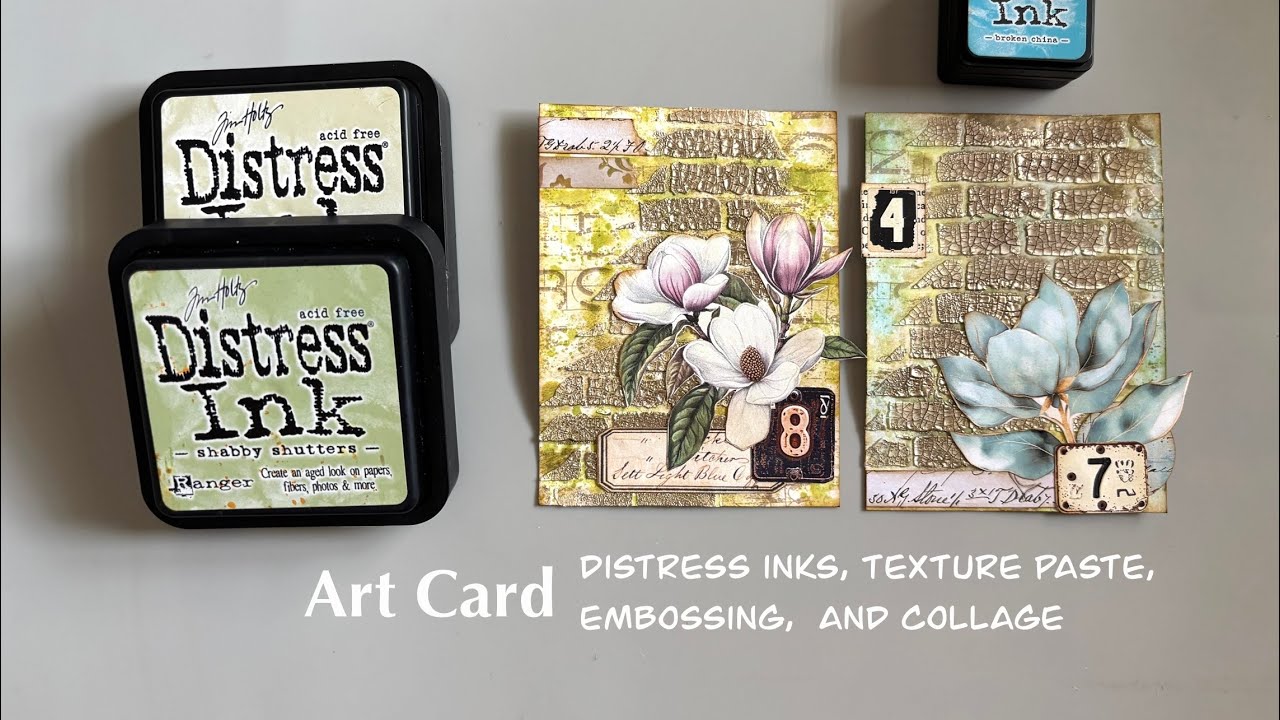 Mixed media art cards using distress inks, texture paste, embossing, stamping and collage.