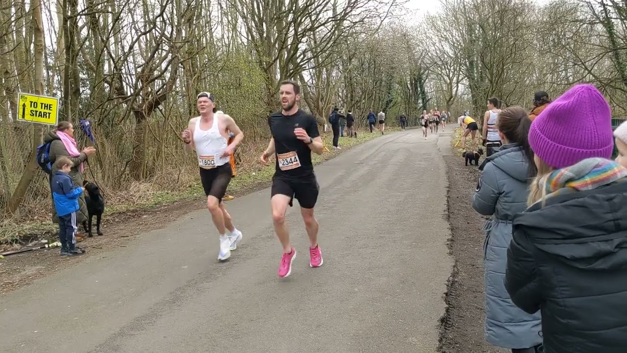 Almost at the finish of the 2023 Trafford 10k - 29 to 42 minutes runners
