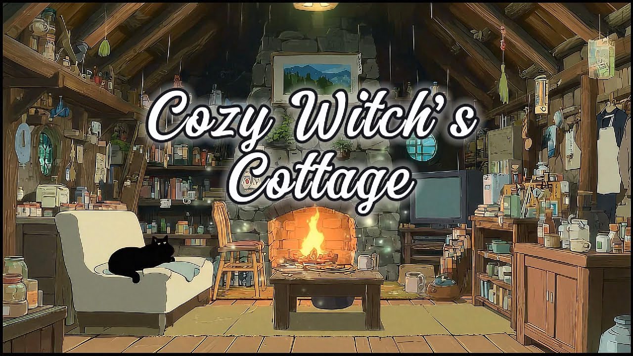 Sleep in a Cozy Witch’s Cottage | Rain on Roof, Crackling Fireplace, Cat Purring (2+ Hours)