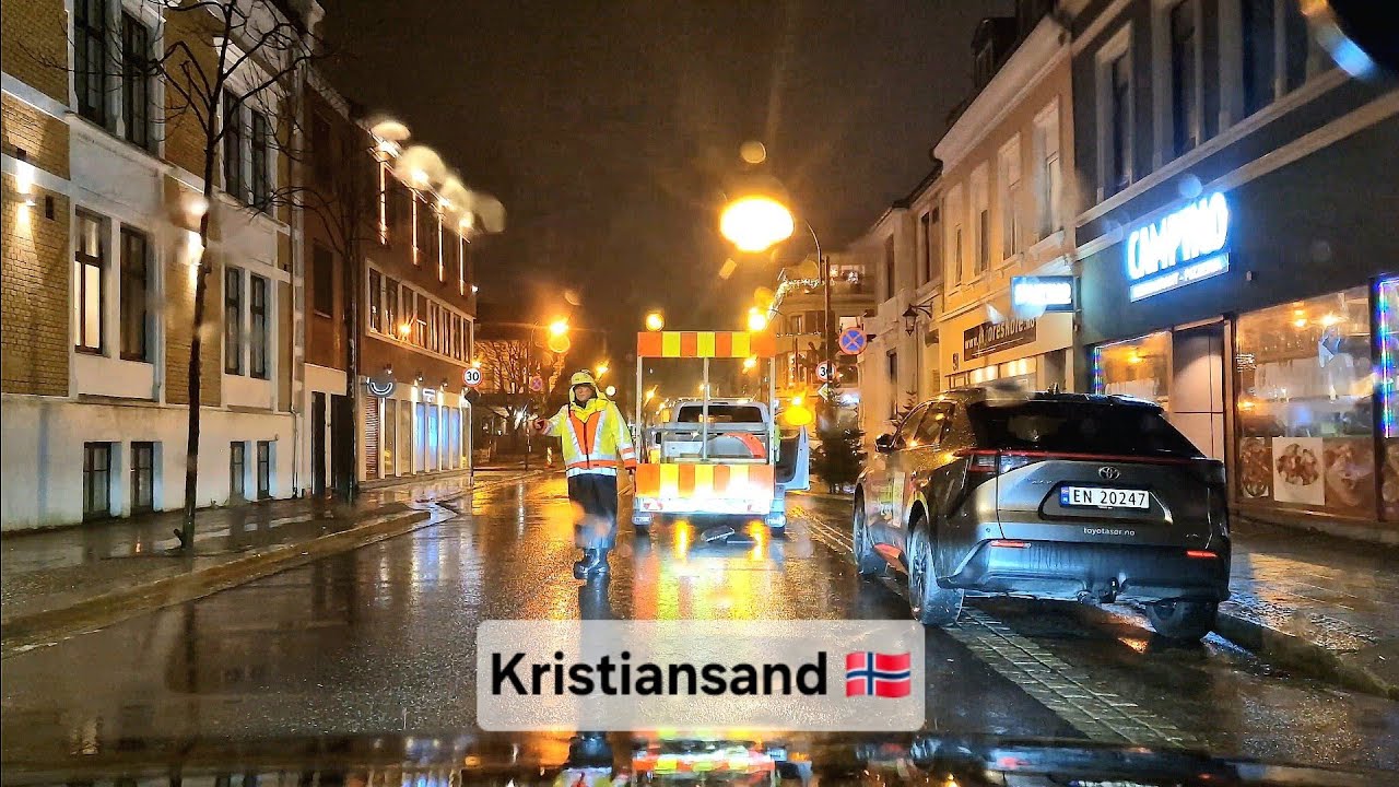4K - Rainy Night Driving in Kristiansand, Norway