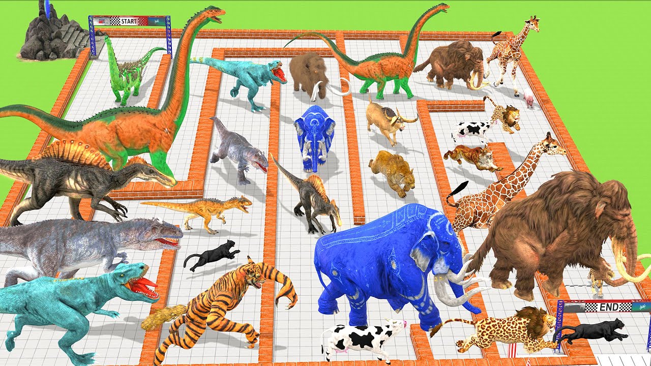 Dinosaurs vs Animals Speed Race Zigzag Course from Outside to Maze Run Animal Revolt Battle Simulato