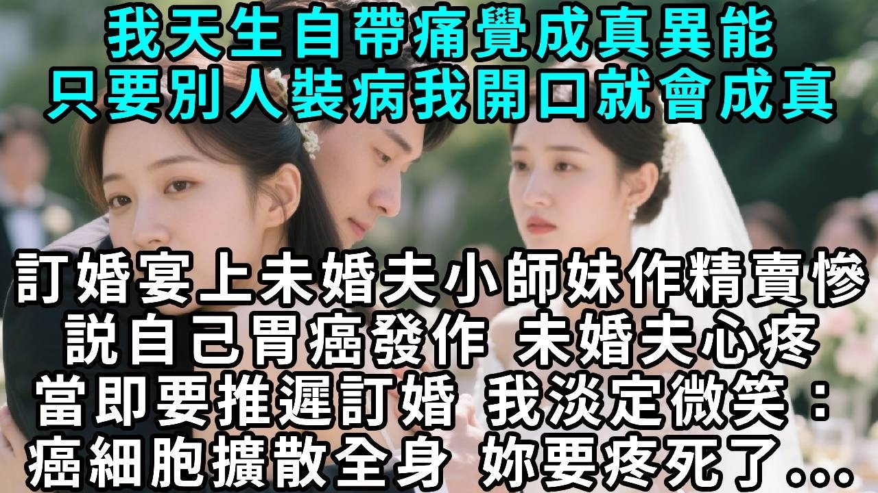 我天生自帶痛覺成真異能，只要別人裝病，我開口就會成真。訂婚宴上，未婚夫的小師妹故作嬌弱，假惺惺說自己胃癌發作了，未婚夫心疼不已，當即要推遲訂婚。我笑著說：癌細胞擴散全身，你要疼死了……