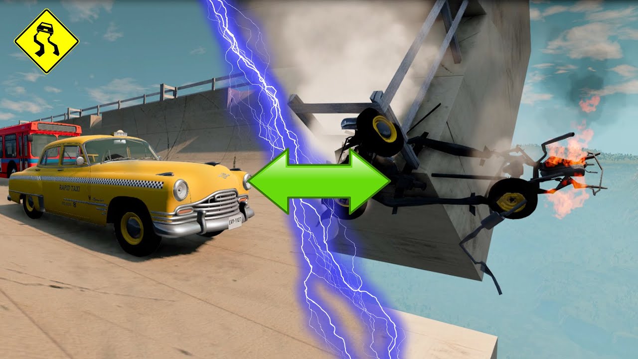 Сars before and after the accident in Giant Ramp. beamNG