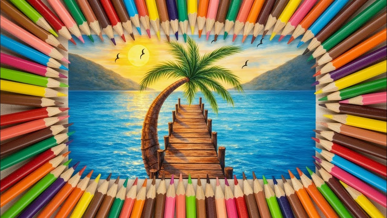 Color Pencil Sunset by the Sea 🌅🌊 | Bridge & Palm Tree Landscape Drawing