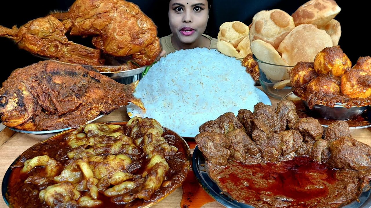Eating Show Mutton Fat Curry Rice Chicken Liver Curry Asmr Egg Curry Fish Curry Luchi Chicken Curry
