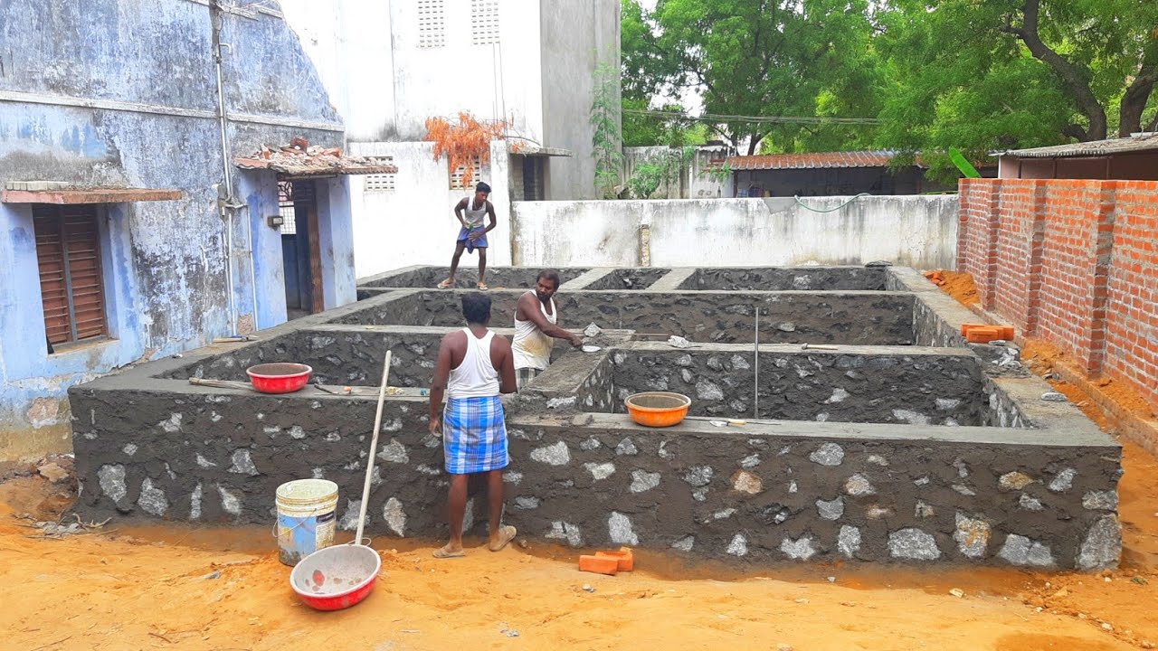 Stone Masonry Foundation-beautiful with 23x33 size House Wall stone masonry work-using sand cement