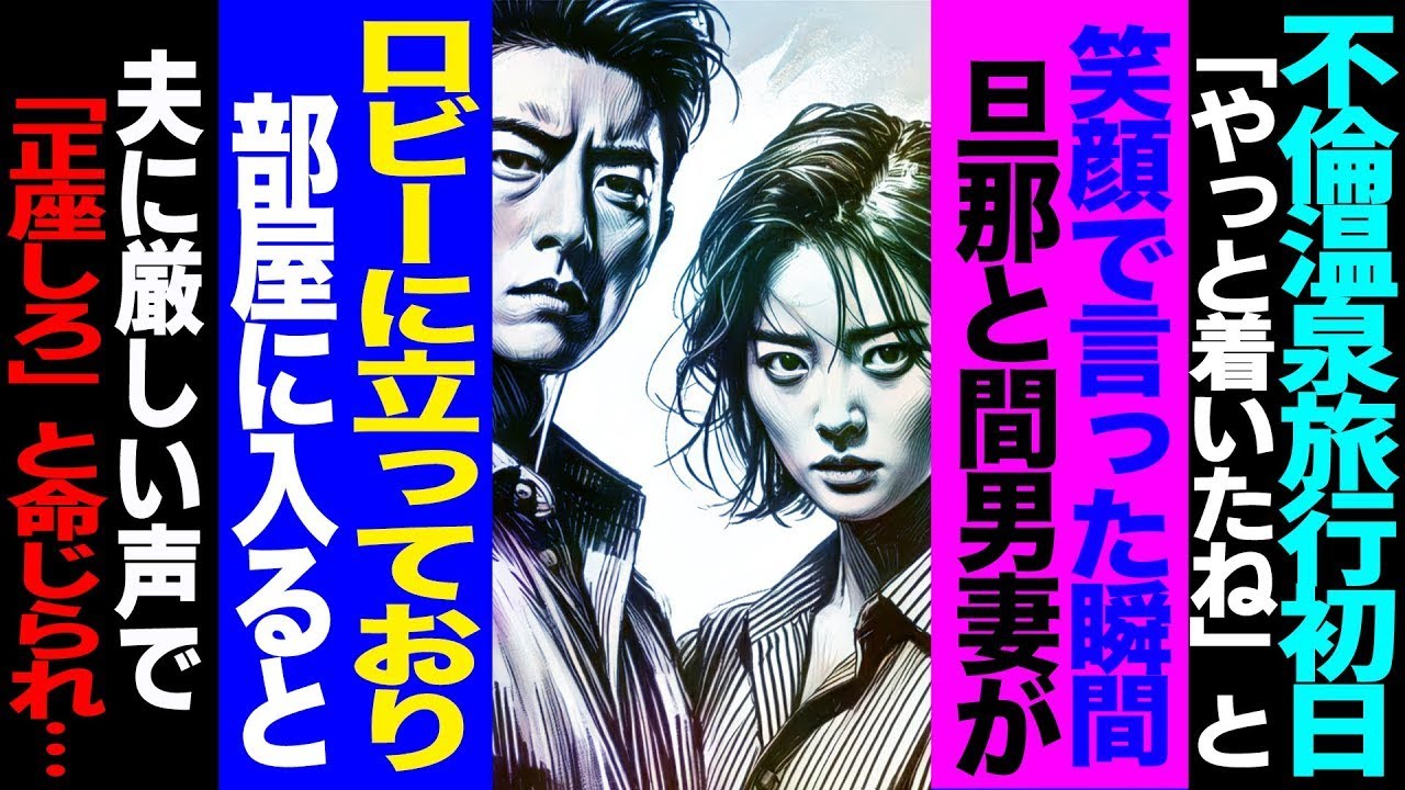 【漫画】不倫温泉旅行初日→「やっと着いたね」と笑顔で言った瞬間、旦那と間男妻がロビーに立っており、部屋に入ると、夫に厳しい声で「正座しろ」と命じられ   修羅場【セカイノナミダ】