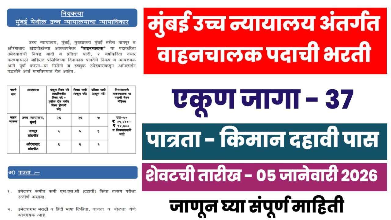 Bombay High Court Driver Recruitment 2025|मुंबई उच्च न्यायालय येथे वाहनचालक पदाची भरती
